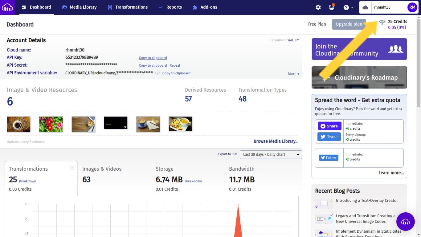 Image showing where to find your Cloudinary cloud name.