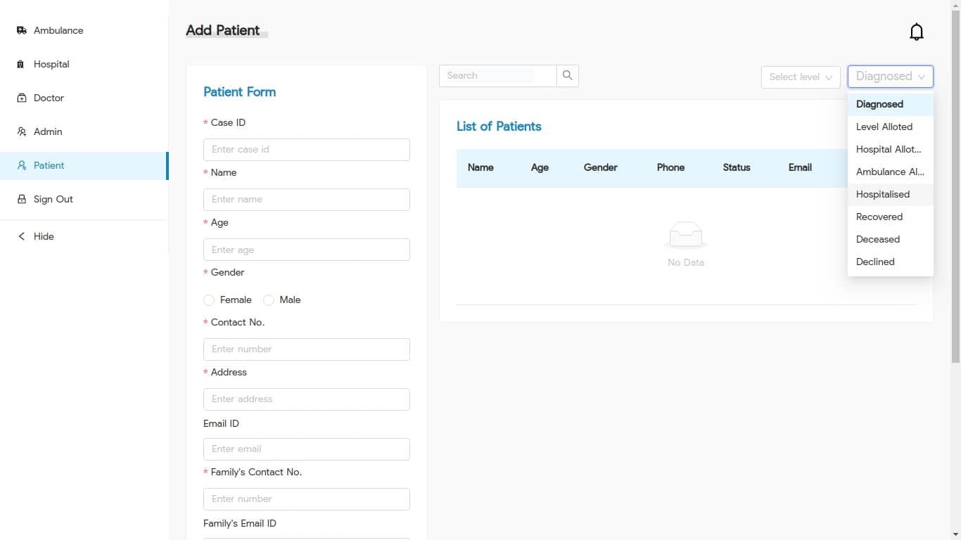 admin dashboard to add patients