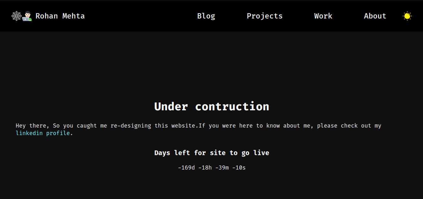 homepage showing under construction timer